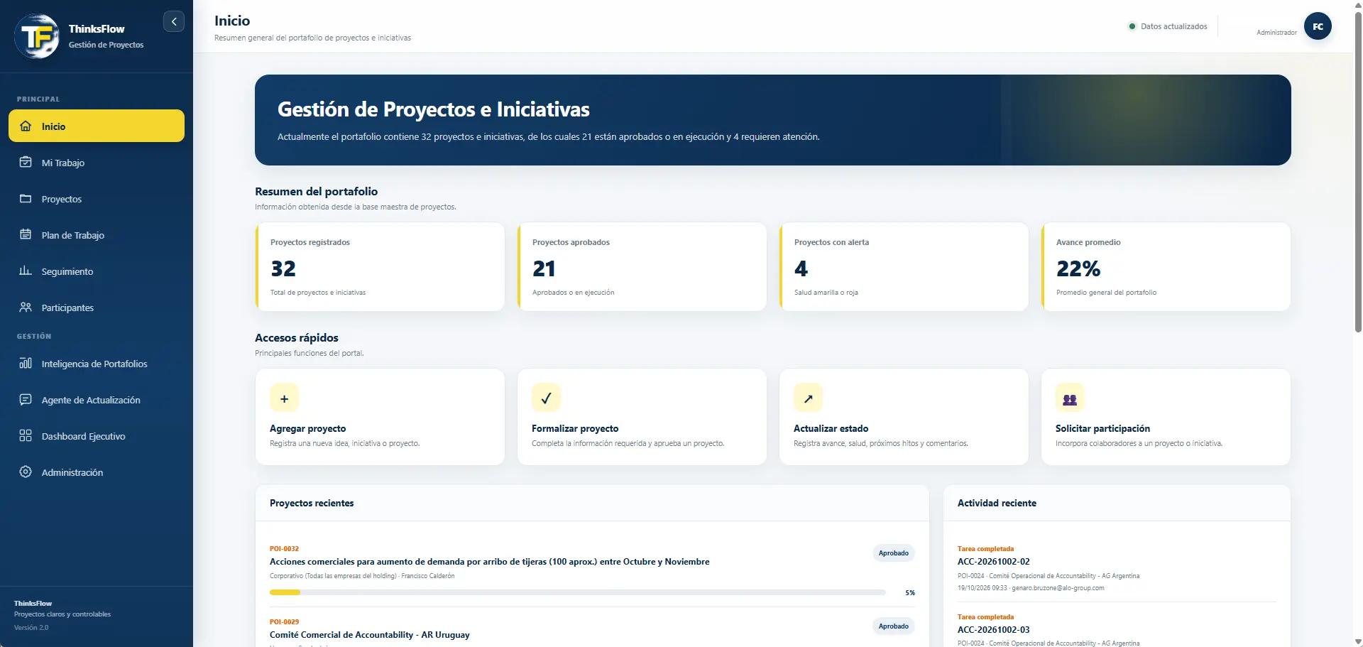 Captura de la pantalla de inicio de ThinksFlow