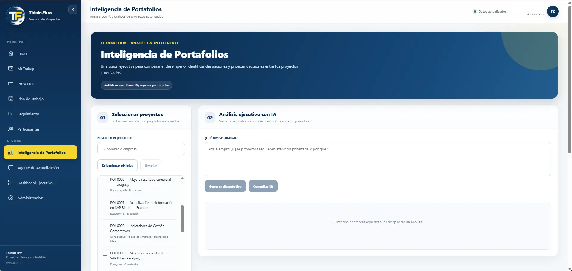 Interfaz de inteligencia de portafolios ThinksFlow